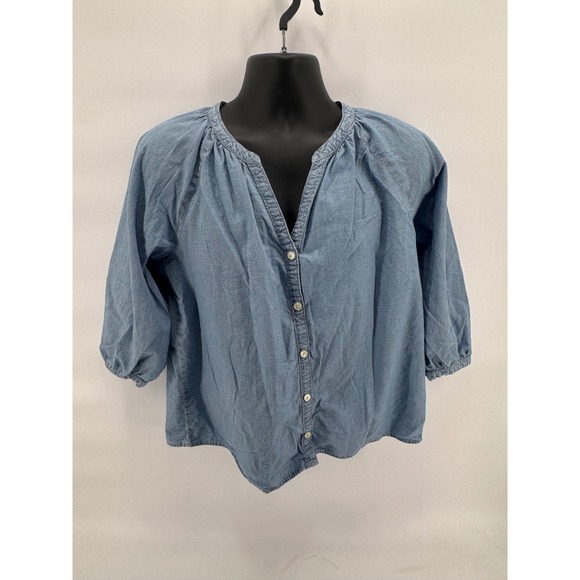 Levi's Chambray Denim Blouse Shirt 3/4 Sleeve V Neck Button Up Blue Medium - Picture 2 of 7